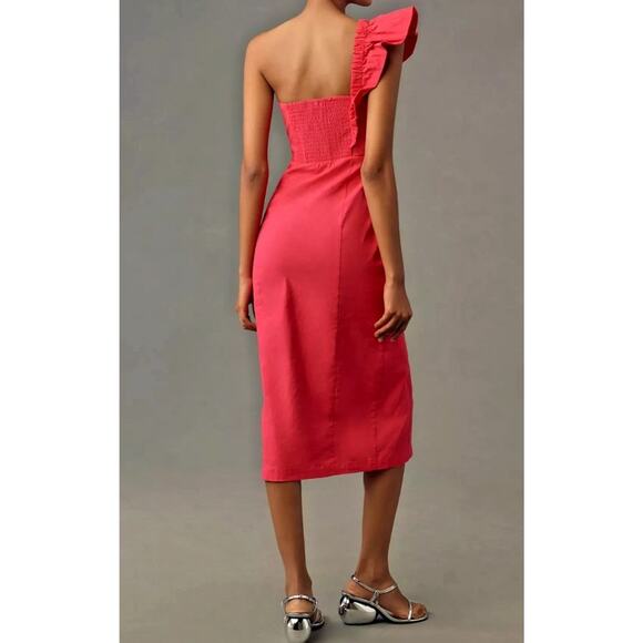 Anthropologie One-Shoulder Ruffle Linen Column Midi Pink Dress M - Picture 4 of 11